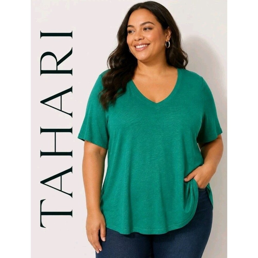 NWT Tahari Womens 3X 100% Linen Minimalist Short Sleeves V-Neck Hi-Lo Tee Top